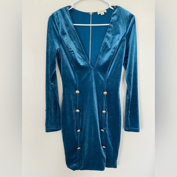 Velvet mini sea style dress long sleeve in turquoise colour gold buttons - Picture 4 of 15